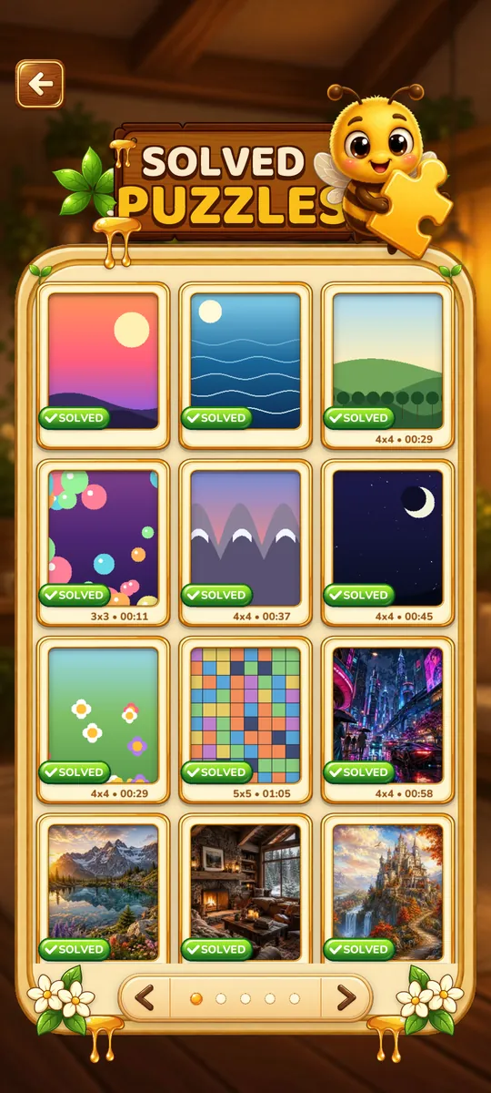 The gallery of solved puzzles, each picture in a frame with its best time