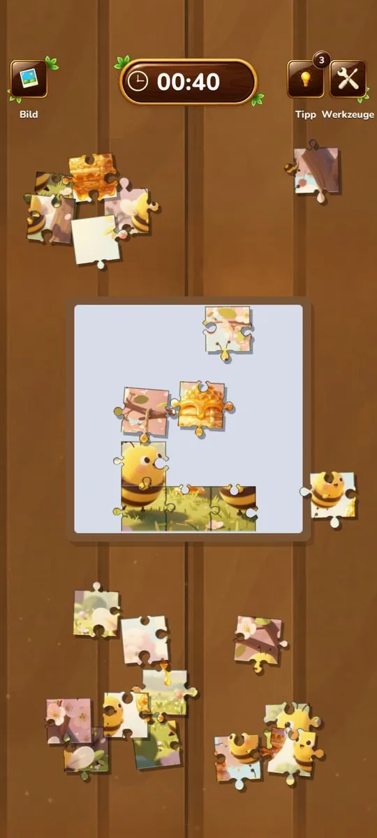 A puzzle in progress on the wooden table: the board in the middle, loose pieces scattered around it, the timer and the hint and tools buttons along the top