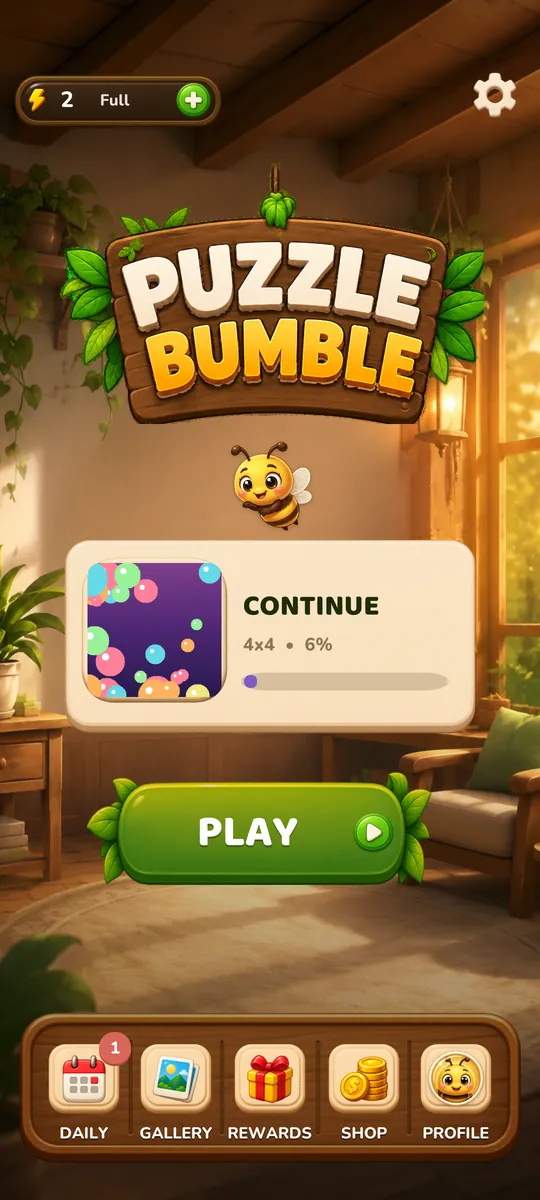 The PuzzleBumble main menu: the wooden sign, a puzzle to continue and the green Play button